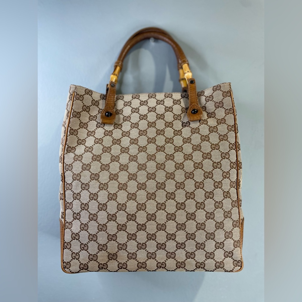 Gucci Brown/Beige GG Canvas Tote with Bamboo-Style Handles
